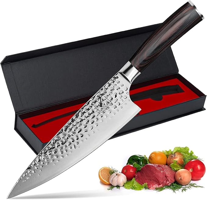 imarku Damascus Chef Knife, 8 Inch Kitchen Knife Ultra Sharp Cooking Knife HC German Stainless Steel Japanese Knife for Kitchen, Hand-Hammered Design, Ergonomic Handle, Christmas Gifts for Women Men