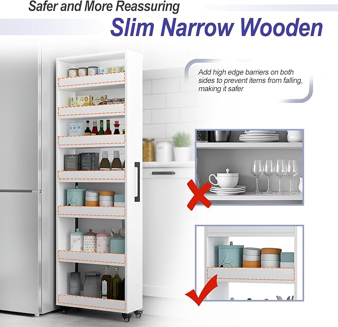 7-Tier Slim Storage Cart, Wooden Rolling Pantry Cabinet with Wheels, Narrow Shelf Organizer for Kitchen, Bakers Rack, Dining Room, Closet, Small Spaces Warm White 47.2" H*5.9" W*23.6" D