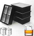 Large Ice Cube Trays for Whiskey: BECOKIT Big Silicone Ice Cube Trays - 3 * 2Inch Square Ice Cubed Tray for Bourbon Whisky and Cocktail - 4Pack Giant Silicon Ice Cube Tray (Black 4 Tray)
