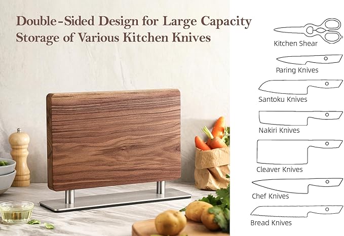 XINZUO Magnetic Knife Block,Natural Walnut Knife Holder Stand for Counter Top,with Strong Magnets,Double Sided Kitchen Knife Storage Rack