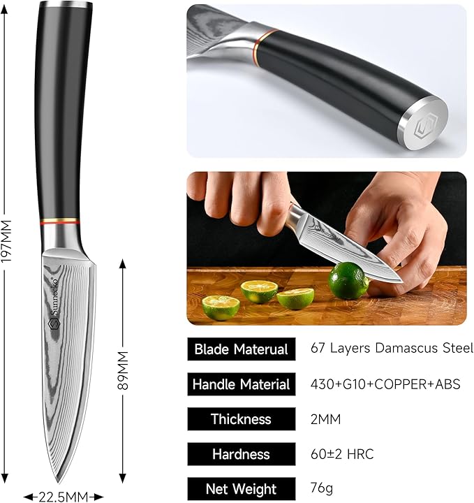 Sunnecko Damascus Paring Knife,Japanese VG10 Core Steel Damascus Fruit Knife,Professional Razor Sharp Small Kitchen Knives with Knives Sharpner