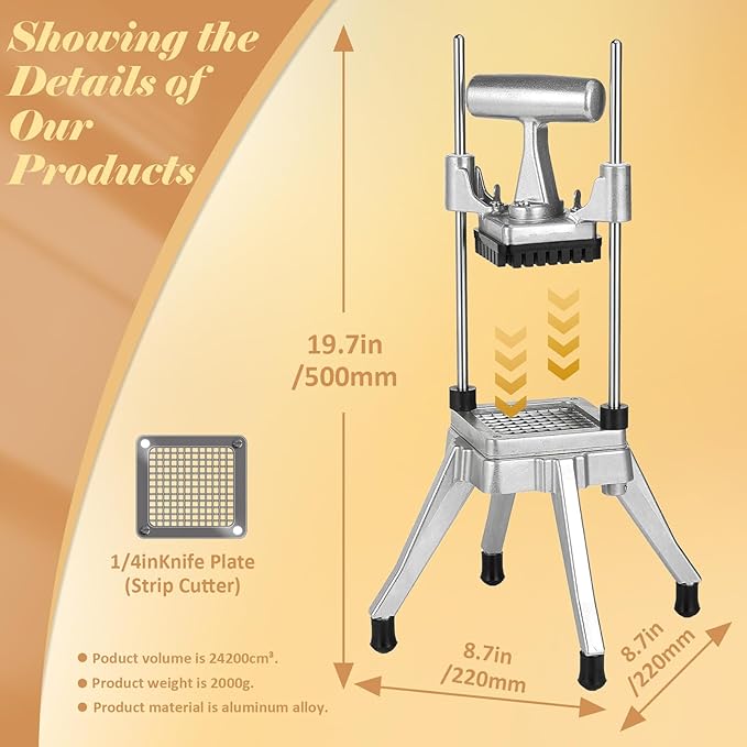 French Fry Cutter with 1/4" Blade, Commercial Vegetable Fruit Chopper, Stainless Steel Potato Cutter, Manual Heavy Duty Cutter for Potatoes Onion Peppers Mushrooms
