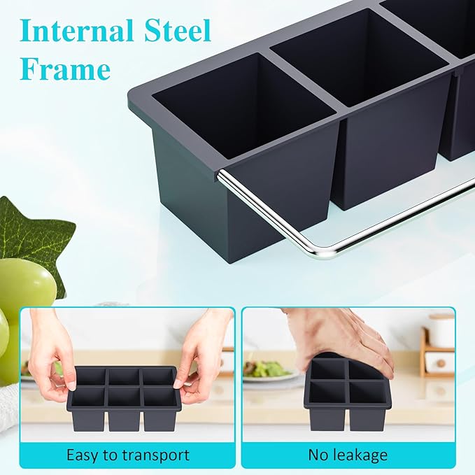 Large Ice Cube Tray for Whiskey: 2inch Big Silicone Ice Trays with Lid for Whisky - 3Pack Old Fashioned Ice Cube Trays for Cocktail - Huge Square Cubed Bourbon Ice Cube Maker