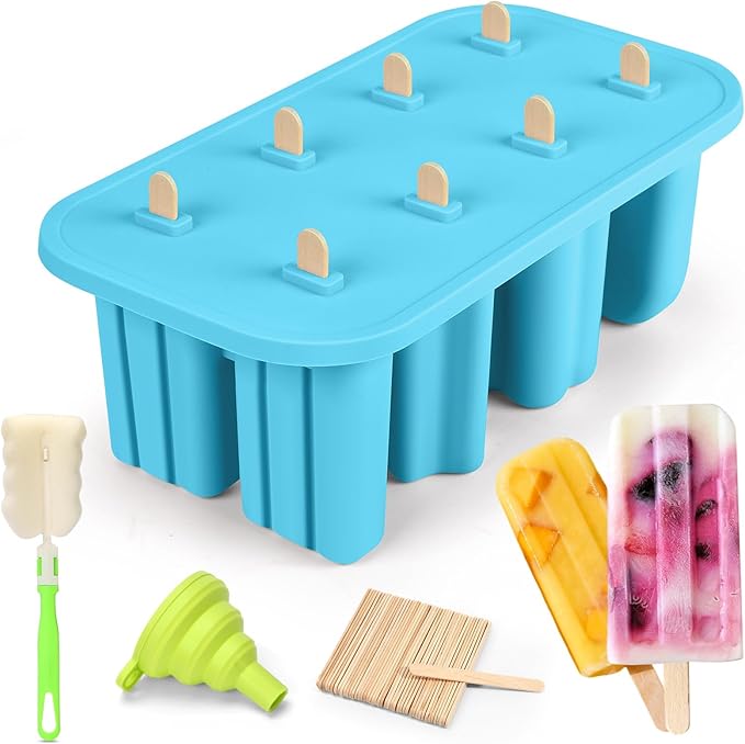 Popsicles Molds, 8-Cavity Silicone Popsicle Molds with 50 Sticks, BPA-Free Ice Pop Mold Popsicle Maker with Funnel & Cleaning Brush for Kids Adult Teens