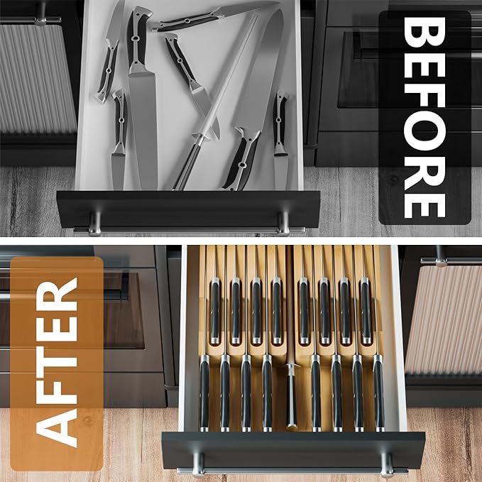 Domax Bamboo In-drawer Knife Block - Knife Drawer Organizer Insert Large Handle Steak Knife Holder, Kitchen Drawer Knife Organizer Fits for 16 knives and 1 Sharpening Steel (Not Included), Natural
