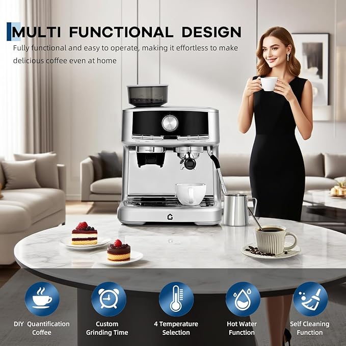 Garvee 20 Bar Pressure Stainless Steel Espresso Machine with Grinder, 1.5L Removable Water Tank, Milk Frother Steam Wand for Latte/Cappuccino - Adjustable Shot Volume, Professional Home/Office Use