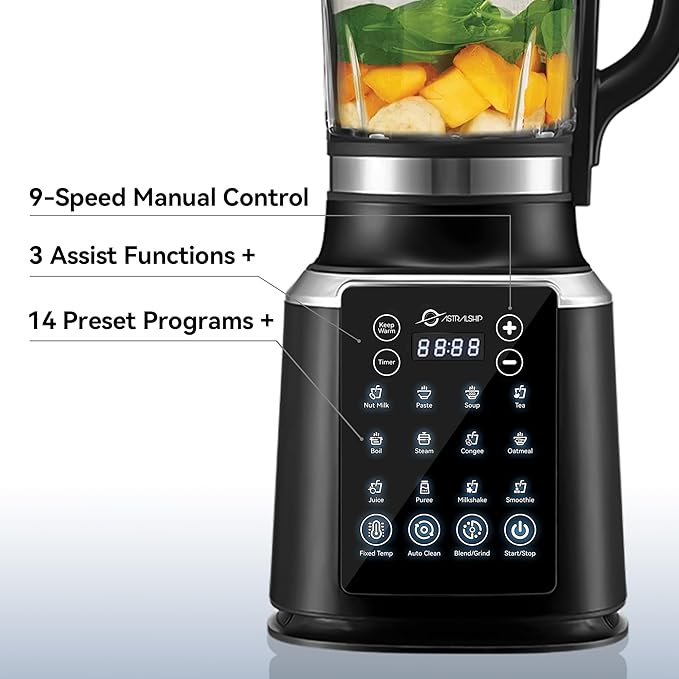 Glass Blenders for Kitchen with Tamper High-Speed Heating Blender – 1500W Motor, 9 Adjustable Speeds, 14 Preset Programs, Nut Milk, Smoothies, Soups, Baby Food, Auto Clean, Ideal for Home & Family Use