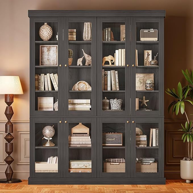 70.8" Bookshelf with Glass Doors, Farmhouse Modular Bookcase with 6-Tier Adjustable Shelves, Large Storage Cabinet for Living Room & Home Office, Black