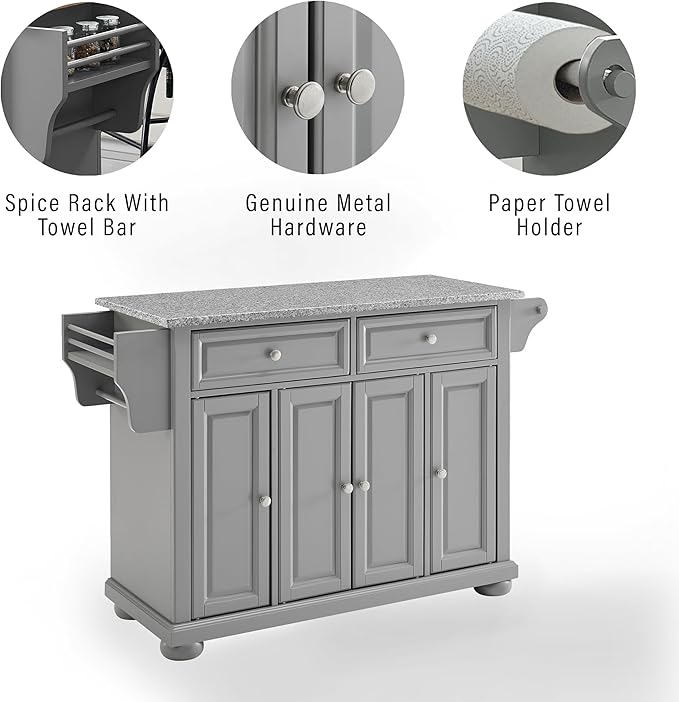 Crosley Furniture Alexandria Granite Top Rolling Kitchen Island Storage Cart, Microwave Stand, Spice Rack, Gray