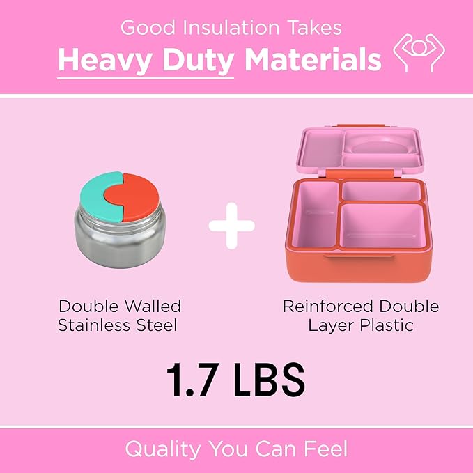 OmieBox Bento Box for Kids - Insulated Bento Lunch Box with Leak Proof Vacuum Insulated Food Jar - 3 Compartments, Two Temperature Zones (Pink Berry)