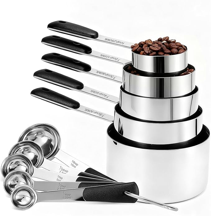 Measuring Cups and Spoons Set, Stainless Steel 10 Piece for Cooking and Baking (5 Cups + 5 Spoons, Black Handle)