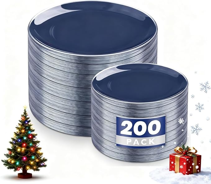 KIRE 200PCS Blue Plastic Plates with Silver Rim - Navy Blue Plastic Plates Include 100 Dinner & Dessert Plate - Heavy Duty Dark Blue Disposable Plate for Parties/Wedding