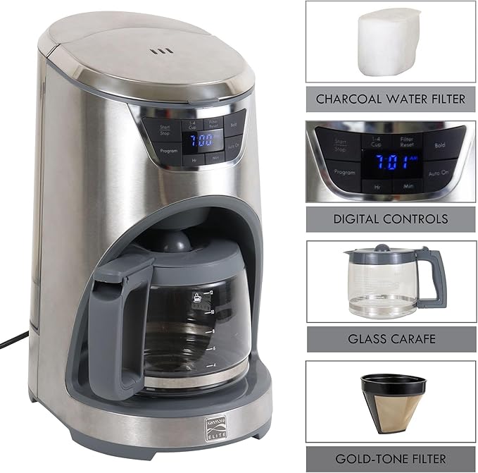 Kenmore Elite Drip Coffee Maker - 12-Cup Programmable Coffee Machine With Glass Pot, Pause and Pour, Auto Shut-Off, Large Water Reservoir, Reusable Filter, Dishwasher Safe Carafe, Percoladora de Café
