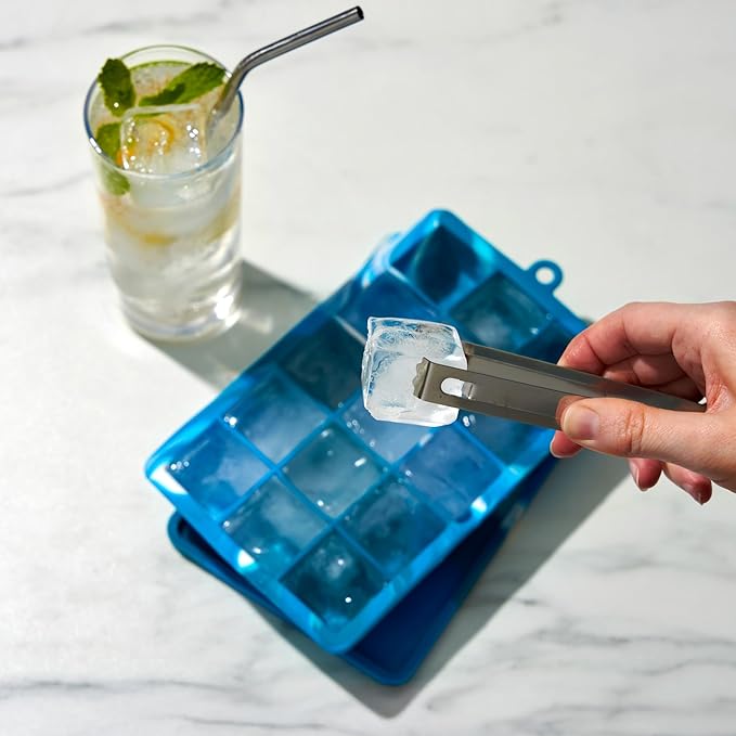 Host Ice Cube Tray with Lid, Makes 15 1.25" Cubes, Durable Silicone Trays, Perfect for Cocktails, Beverages, Mocktails, Iced Coffee, Tea, Infused Water, Kitchen Essentials, Set of 1, Blue Marble