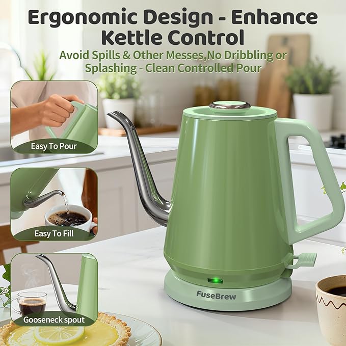 Gooseneck Electric Kettle(0.8L),1200 Watts Fast Boiling,Stainless Steel BPA Free,Automatic Shut Off,Pour Over Kettle for Coffee & Tea- Green