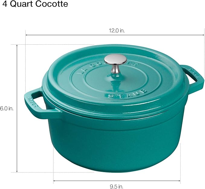 STAUB Cast Iron Round Cocotte, Dutch Oven, 4-quart, serves 3-4, Made in France, Turquoise