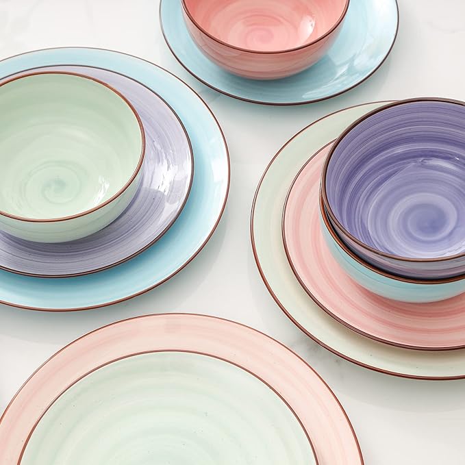 Selamica Ceramic 12-Pieces Dinnerware Sets, Scratch Resistant Plates and Bowls Sets, Handpainted Swirl Dishes Set for 4 with Spray Black Dots, Dishwasher&Microwave Safe, Gradient Color