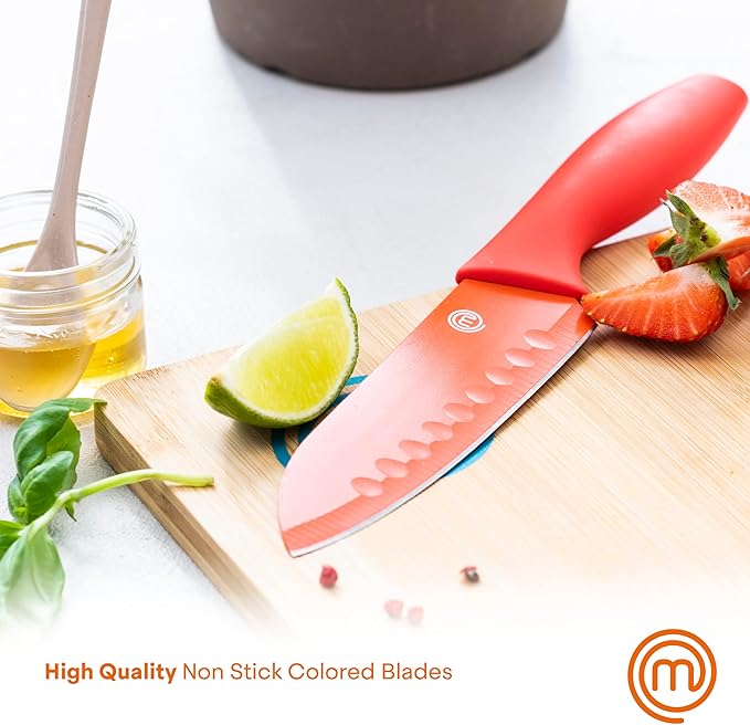 MasterChef Kitchen Knife Set with Covers incl. Paring, Boning, Carving, Bread, Santoku & Chef Knife, Sharp Cutting Stainless Steel Blades with Sheaths, 12 Piece (6 Colored Kitchen Knives & 6 Covers)