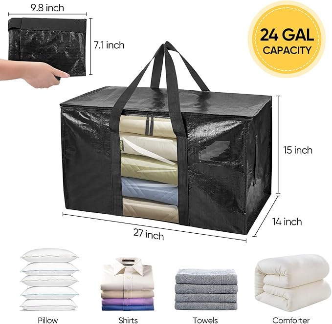 BALEINE 6-Pack Oversized Moving Bags with Reinforced Handles, Heavy-Duty Storage Tote Moving Supplies for Packaging, Camping (Black w/Window, 6-Pack)