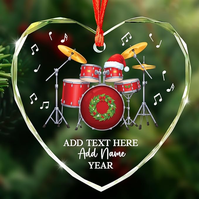 Personalized Drum Set Christmas Glass Ornaments 2025, Drum Xmas Ornament with Custom Text Name & Year, Drummer Christmas Tree Ornament for Men Women, Decoration Gift for Drummer Band Music