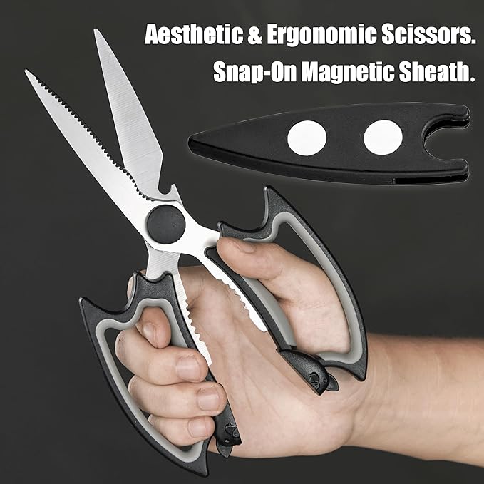 Magnetic Kitchen Scissors All Purpose 2 Pack - Halloween Bat Kitchen Shears - Heavy Duty Stainless Steel Cooking Shears for Cutting Meat, Food, Poultry - Featuring a Magnetic Protective Sheath