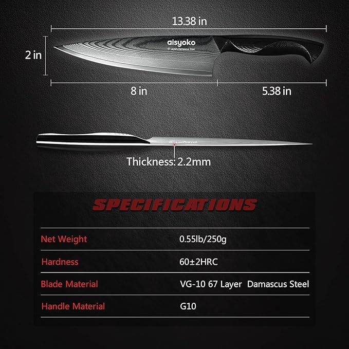 Damascus Chef Knife 8 Inch Sharp Kitchen Knife Japan VG-10 Stainless Steel Carbon Ultra Sharp Kitchen Cooking Knife, Ergonomic G10 Handle Deluxe Gift Box
