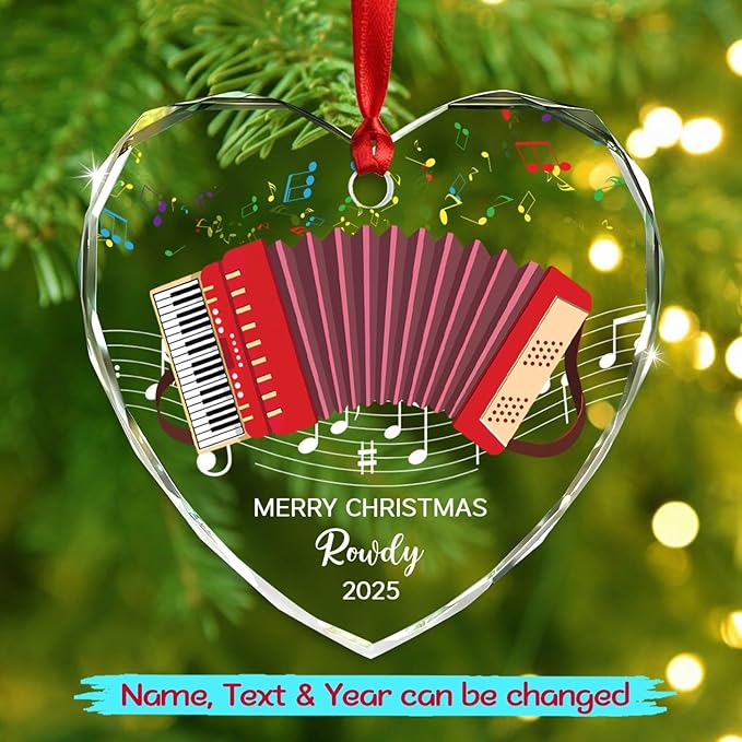 Personalized Accordion Glass Christmas Ornament, Customized Year Text Name Accordion Player Keepsake Ornaments Gift for Women Men Accordionist, Awesome Accordions Musical Instrument Glass Ornament