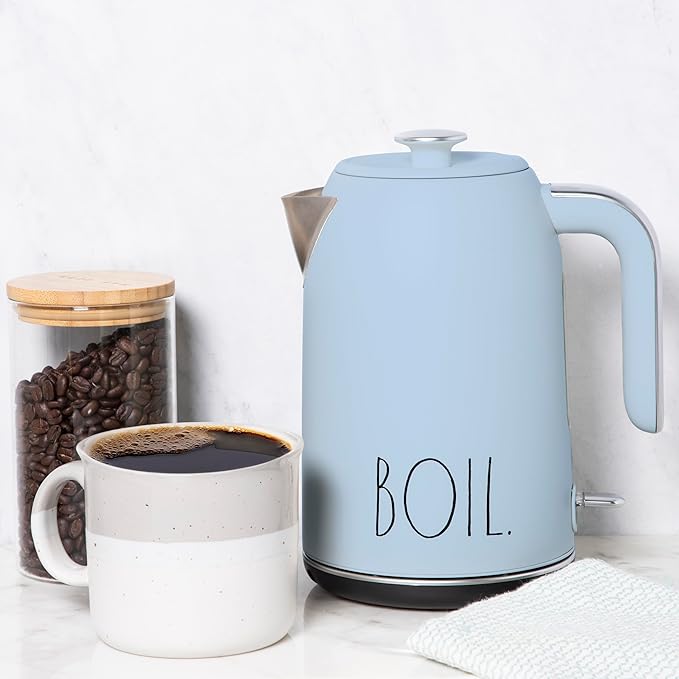 Rae Dunn Electric Hot Water Kettle - Stainless Steel Coffee Maker, Tea Kettle, Swivel Base, With Automatic Shut Off Boil-Dry Protection, Easy Pour, 1500 Watt Boiling Power, 1.7 Liters, Baby Blue