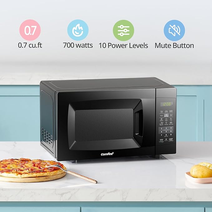 COMFEE EM720CPL-PMB Countertop Microwave Oven with Sound On/Off, ECO Mode and Easy One-Touch Buttons, 0.7 Cu Ft, Black