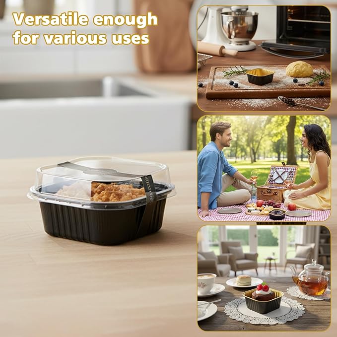 Ruckae 5oz 100 Pcs Square Mini Loaf Pans with Lids-Disposable Foil Dessert Containers,Mini Cake Pans with Lids,Aluminum Dessert Cups for Parties and Weddings (Black Gold, 5oz)