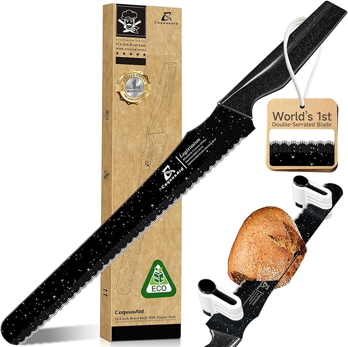 2025 Upgrade Bread Knife for Homemade Bread, World‘s 1st Double Serrated Knife with 5 Thickness Adjustable Slicing Guide, Stainless Steel Bread Cutter, Razor Sharp for Sourdough, Black