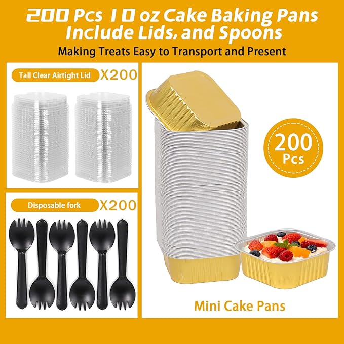 200 Pack 10 oz Gold Mini Aluminum Cake Pans with Lids and Spoons, Disposable Square Baking Cups, Oven Safe Foil Ramekins for Individual Desserts, Cupcakes, Cheesecakes Ramekins Muffin