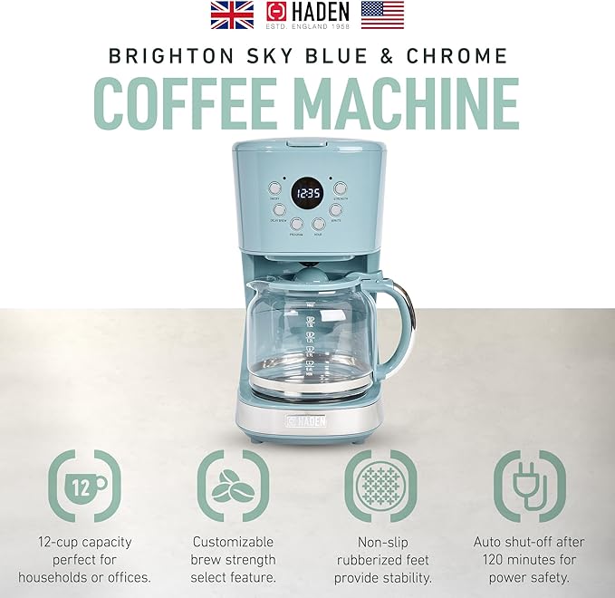 Haden Brighton Coffee Machine, 12 Cup Programmable Drip Coffee Maker with Auto Shut-Off Function and Reusable Washable Water Filter, Sky Blue & Chrome