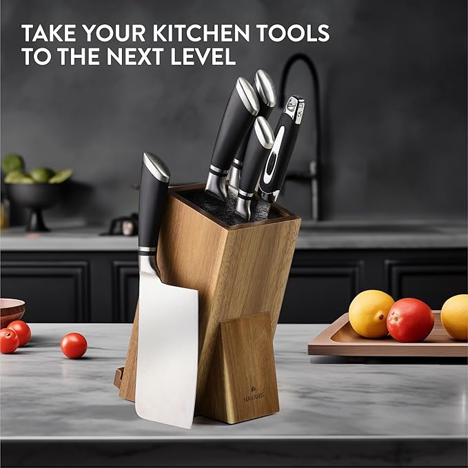 Navaris Wooden Kitchen Knife Block with Holder - Holds a Chopping Board, Phone or Tablet - Acacia Angled Design, 12.5 x 18.7 x 26.2 cm (4.9" x 7.4" x 10.3")