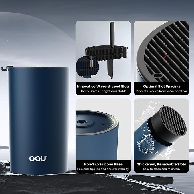 OOU Universal Knife Block Holder - Round Kitchen Knife Storage Unique Slot Design to Protect Blades, Space Saver Knife Organizer Detachable for Easy Cleaning, Blue