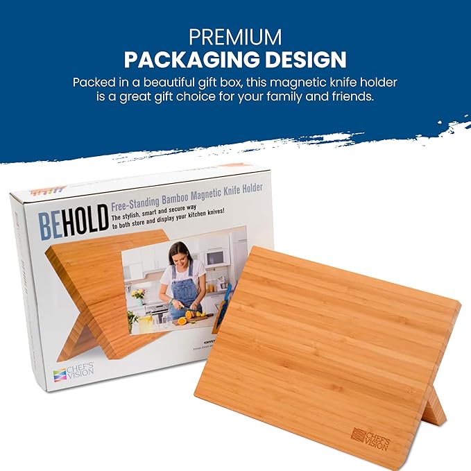 Chef’s Vision Magnetic Knife Block - Bamboo - Stylish Kitchen Magnetic Knife Holder - Elegant Free Standing Knife Display - Ideal for Colorful Knives - Sleek Kitchen Décor - Knife Block without knives