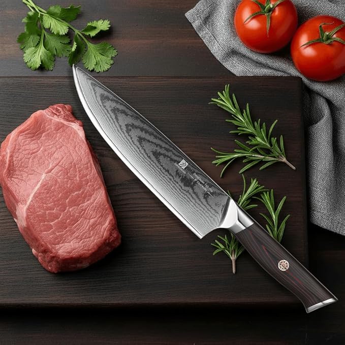 Chef Knife,8inch Damascus knife,67-Layer High Carbon Stainless Steel Kitchen Knife,Professiona Sharp Cutting Knives with Ergonomic G10 Red Black Handle,Gift Box for Home and Kitchen Birthday Gift
