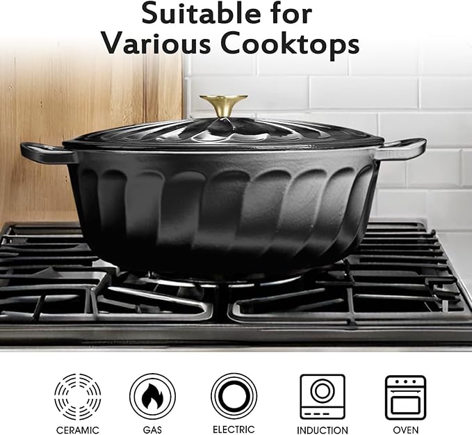 Enameled Oval Dutch Oven Pot with Lid, 7 QT Cast Iron Dutch Oven with Dual Handles for Cooking, Bread Baking, Frying, Non-stick Enamel Coated Oven (Black)