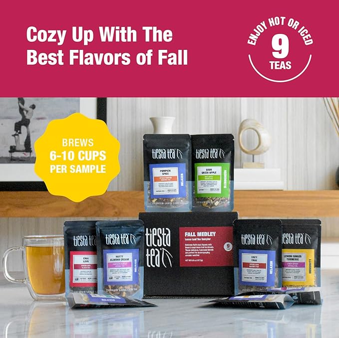 Tiesta Tea Fall Medley Dry Flight Set Sampler Set - Loose Leaf Tea, No Caffeine, Perfect Hot or Iced, Assorted Brew Set With Herbal, Black, Chai, Fruit Blends, & More - 9 Resealable Pouches