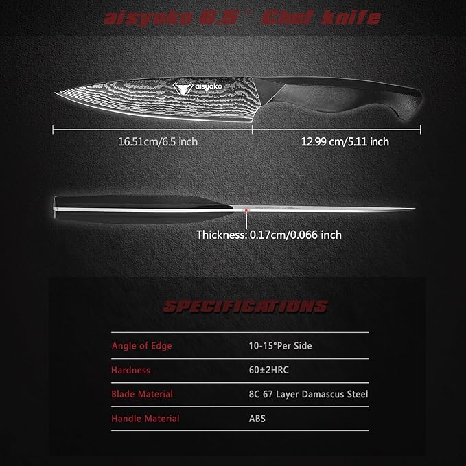 Professional Chef Knife 6.5" Damascus Kitchen Knife 8C High carbon stainless steel Super sharp,Full Tang ABS Anti-Skid Handle utility knife Japanese Cooking Knife with Luxury Gift Box