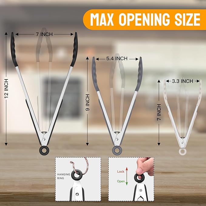 HOTEC Premium Stainless Steel Locking Kitchen Tongs with Silicon Tips, Set of 3-7", 9" and 12" (Black,Grey,Khaki)
