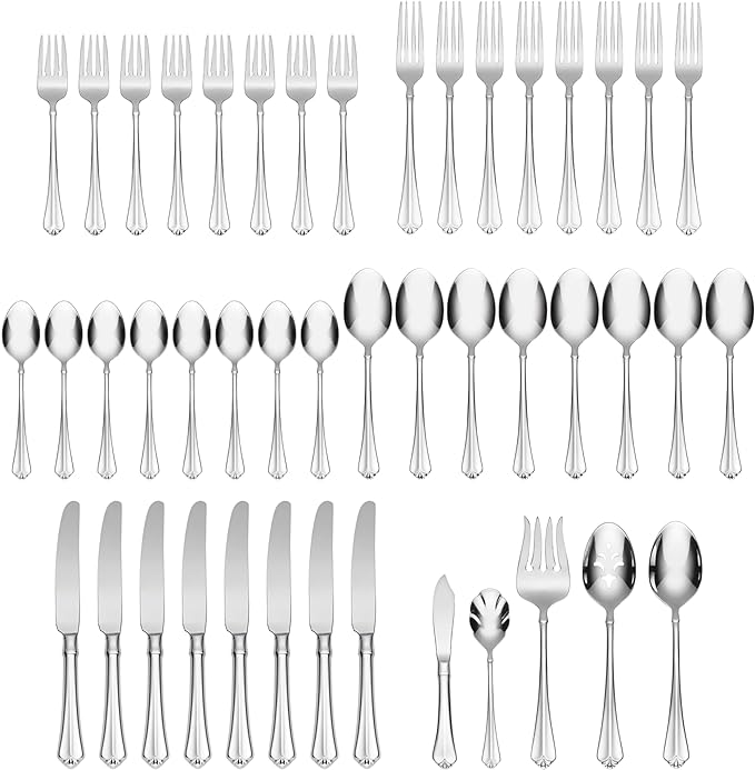 Oneida Silverware Set For 8, Juilliard 45-Piece Fine Flatware Set with Serving Utensils, Service For 8, 18/10 Stainless Steel, Mirror Finish, Dishwasher Safe,Knives Spoons & Forks Set(Silver 45 Piece)