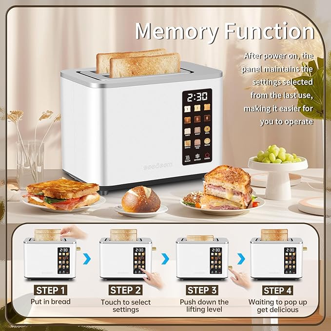 SEEDEEM Toaster 2 Slice, Touch Control Screen, Smart Stainless Toaster, 6 Shade Setting, 6 Bread Selection, Countdown, Removable Crumb Tray, 900W, Pearl White