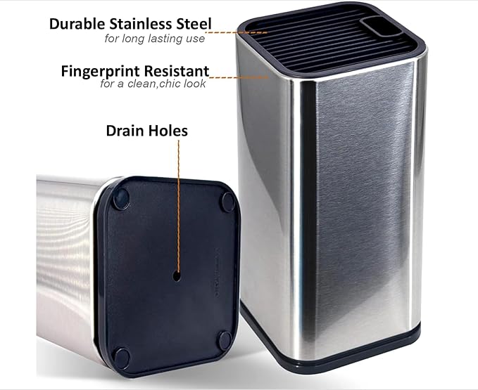 Dura Living Universal Knife Block Holder, Stainless Steel Knife Stand Without Knives, Safe Space Saver Stable Knife Storage with Scissors Slot, Detachable for Easy Cleaning, Kitchen Organizer, Silver