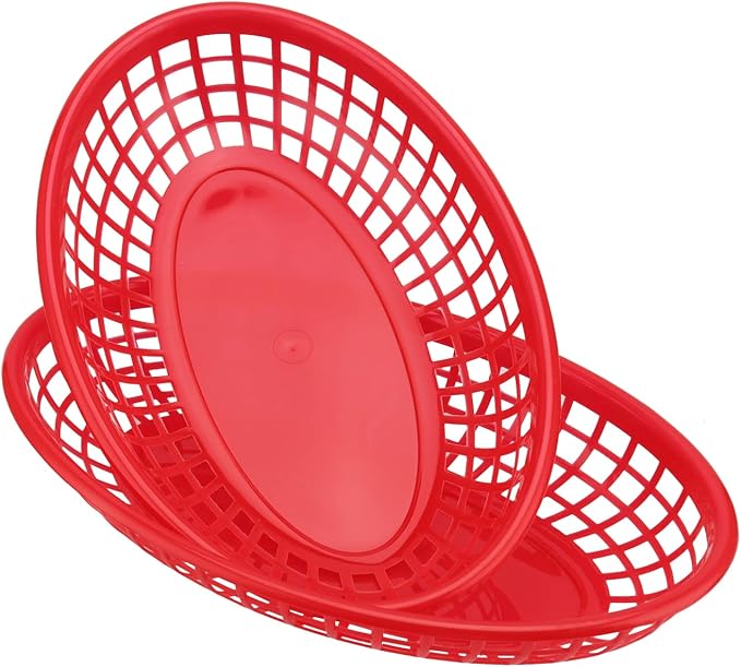 60 Pack Red Plastic Oval Fast Food Baskets - 9x5.7x1.6 Inch, Perfect for Picnic, Deli Serving, Chicken, Burgers and Fries
