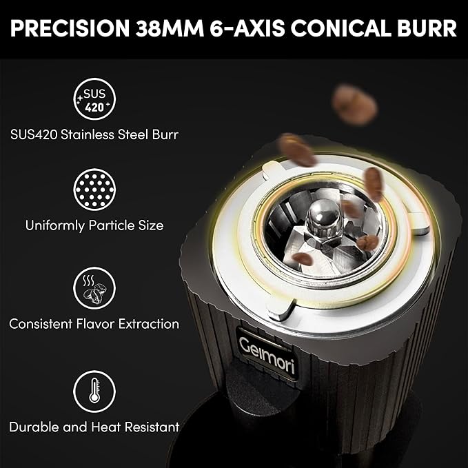 Coffee Grinder,Wirsh Portable Cordless Rechargeable Burr Coffee Grinder Geimori T38 with Conical Burrs,3600mAh Batteries,Grind Settings for Espresso,Pour Over,French Press,Camping,Travel&Home Use