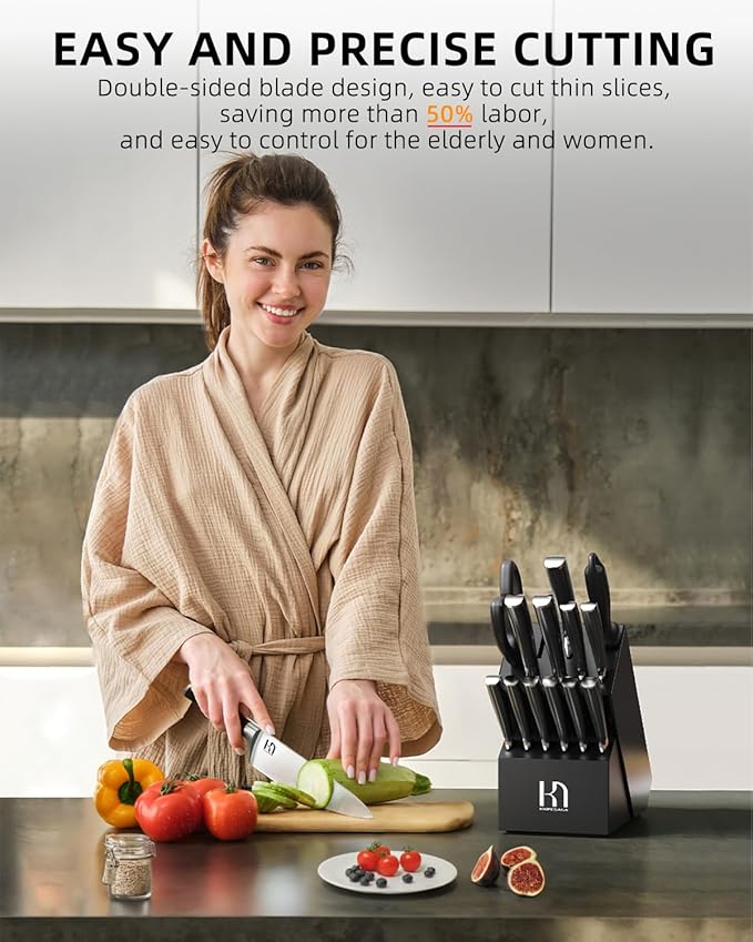 2025 Knife Set 15 Pcs Japanese High Carbon Stainless Steel Kitchen Knife Sets with Block & Sharpener, Premium Razor-Sharp Black Knives Block Set for Kitchen, Ergonomic Full-Tang Handle