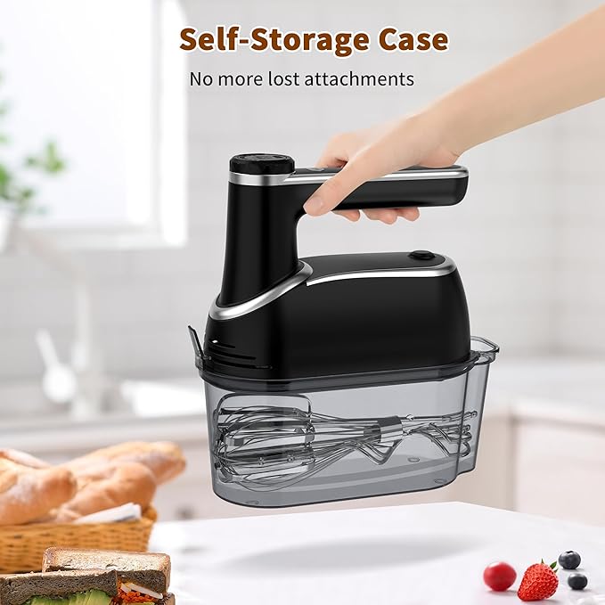 Cordless Electric Hand Mixer: 12 Speeds Powerful Handheld Mixer with 6 Stainless Steel Attachments (2 Beaters, 2 Dough Hooks, 2 Whisks), Snap-On Storage Case & Eject Button (Black)