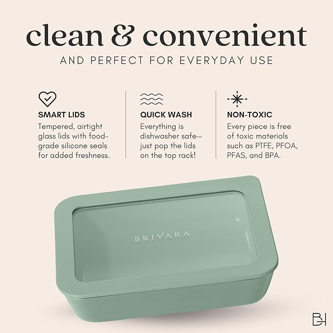 Ceramic Coated Glass Food Storage Container | No PTFE, PFOA, PFAS, and BPA | Reusable Non Toxic Meal Prep Container with Glass Lid | Easy To Store | 11 Cup Rectangle [Willow]