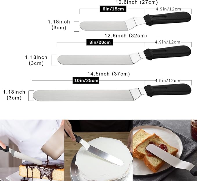 Frosting Spatula, Icing Spatula Set - 6", 8", 10" Stainless Steel Offset Cake Spatulas with Non-Slip Handle & 3 Cake Scrapers, Angled Baking & Frosting Decorating Tools